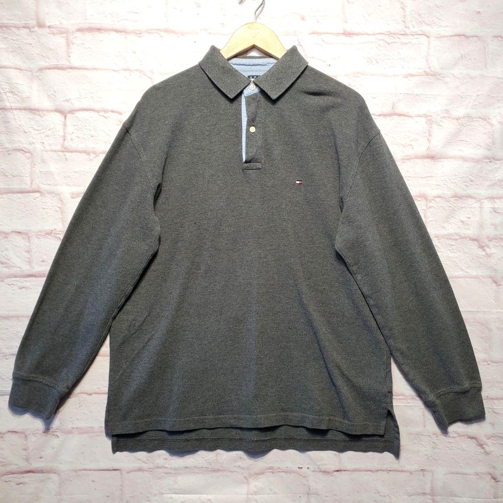 VTG Tommy Hilfiger Polo Shirt Mens Large Gray Long Sleeve Cotton Y2K Preppy